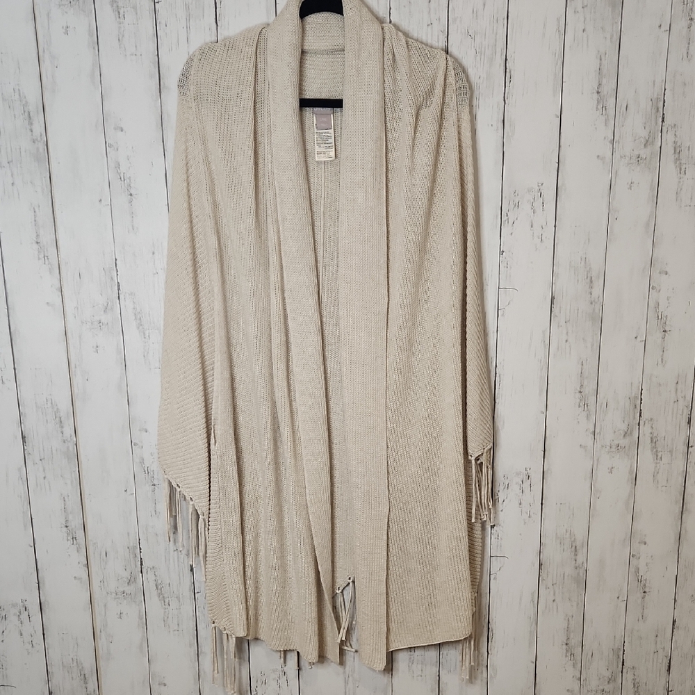 Chico's Cream Open-Front Fringe Knit Cardigan